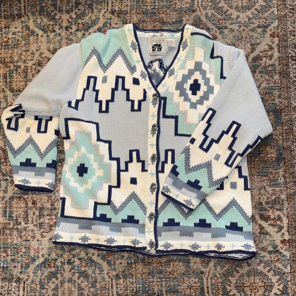 Storybook Knits Cardigan  Aztec Wrap 1X Silver Buttons Blue/White/Gray